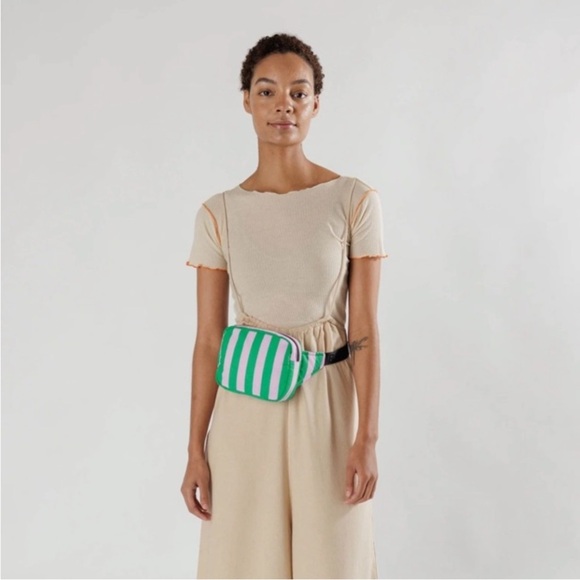 NWT BAGGU Awning Stripe Puffy Fanny Pack Pink Green - Picture 3 of 6